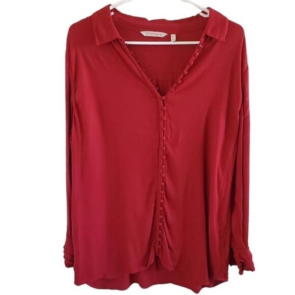 Soft Surroundings Tops - Soft Surroundings Red Poet Blouse Ruffle Sleeve Tunic Length Button Clos…